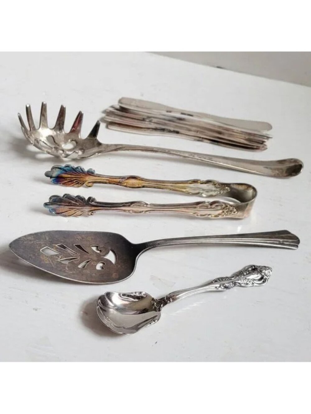 10pc Mixed Vintage Silver Plate SS Serveware Pasta Cake Server Spreader Tong etc